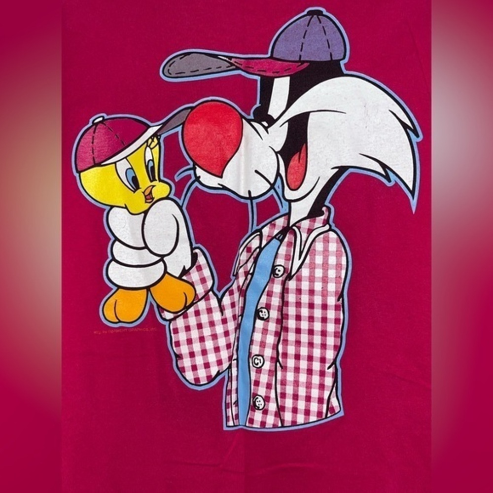 Vintage Tweety Bird Sylvester Cat Graphic Shirt Pink Size Medium Lenticular 1996